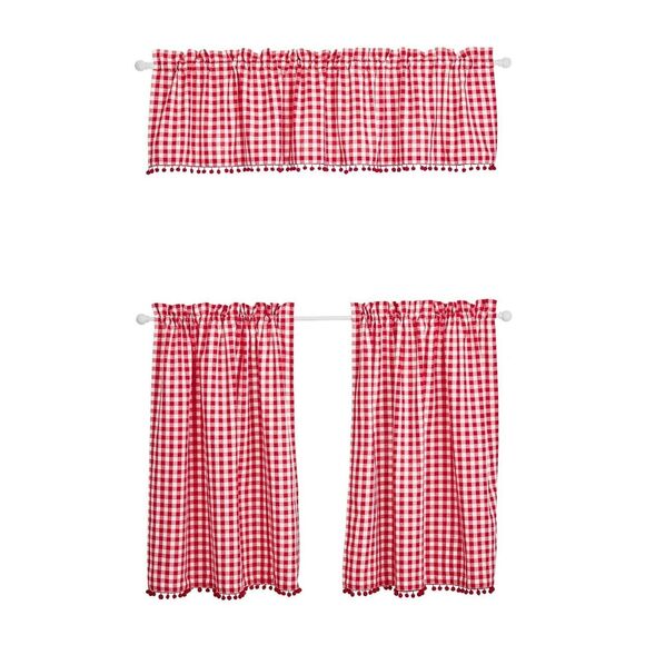 Pioneer Woman Kitchen Window Curtain Gingham White Red Pompom Edging 3-Pc Gift - Picture 1 of 5